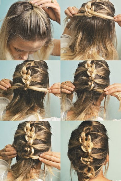 The Knot Hawk. Or a knotted french braid. Hight five for a messy updo for medium length hair Updo Casual, Easy Updos For Medium Hair, Hairstyles Simple, Simple Updo, Easy Updo Hairstyles, Easy Hairstyles For Medium Hair, Hair Knot, Up Dos For Medium Hair, Fishtail Braid