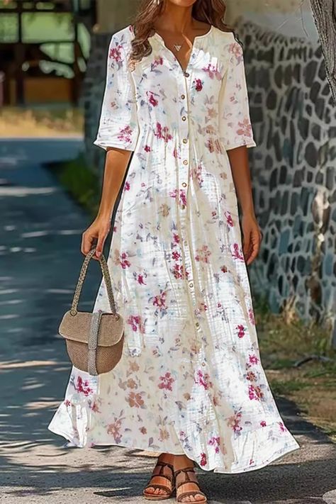 Casual Dresses for Women Online - Cherieday Floral Long Dress Casual, Modest Casual Dresses, Boho Floral Maxi Dress, Print Chiffon Dress, Woman Dresses, Floral Cotton Dress, Modest Dresses Casual, Loose Maxi Dress, Cotton Linen Dresses