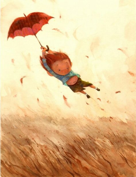 Dreamy idea to fly away on an umbrella #storm #rain #weather #regen #wind #boenderpint Robert Kondo, Watercolor Studies, Umbrella Art, Red Umbrella, Art Carte, 수채화 그림, Art Et Illustration, Photo Images, Childrens Illustrations