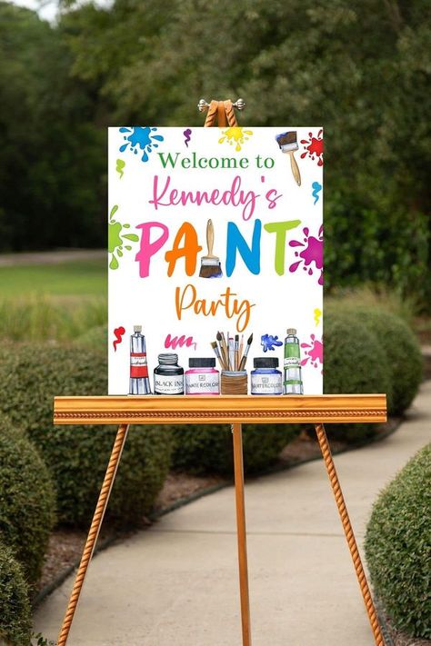 Ashley Anne Paint Theme Party Decorations, Art Party Signs, Painting Party Decorations Ideas, Art Theme Birthday Party Decorations, Painting Theme Birthday Party, Diy Paint Party Decorations, Paint Party Table Decorations, Paint Party Decorations For Kids, Girls Paint Party Ideas