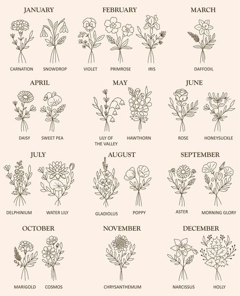 Birth Month Flower Bouquet Set/birth Month Flowers - Etsy Netherlands Bonito, Flowers By Birth Month, September Month Flower, May Birth Flower Bouquet Tattoo, Feb Flower Tattoo Birth Month, Birth Plants, September Tattoo Ideas Birth Month, Birth Month Flower Tattoos Bouquet, Birth Flower Line Art