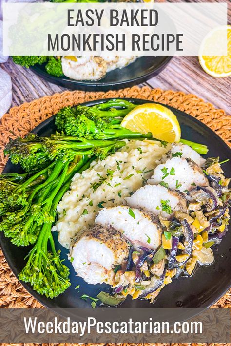 Baked Monkfish Recipes, Monkfish Recipe, Creamy Parmesan Rice, Seafood Board, Monkfish Recipes, Rice Cauliflower, High Protein Dishes, Pepper Relish, Seafood Recipes Healthy