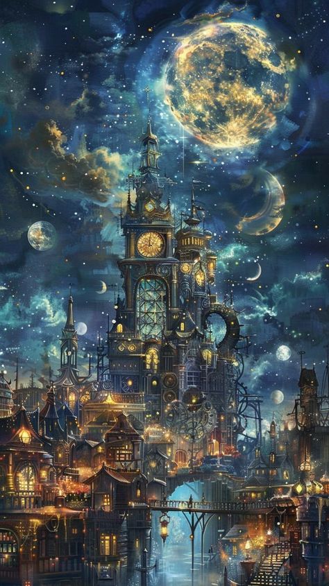 Magitech City, Fae City, Steampunk Alice In Wonderland, Steampunk Kunst, Steampunk World, Steampunk City, Moon Kingdom, Gardens Of Babylon, Beautiful Flower Drawings