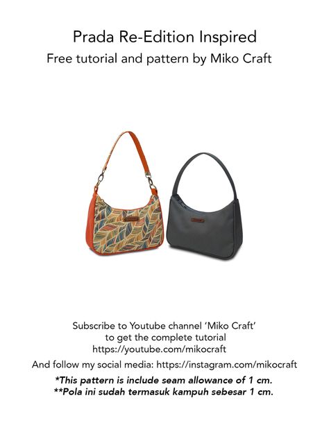 Prada Re-Edition Inspired -  Free Tutorial and Pattern by Miko Craft.pdf Prada Bag Pattern, Leather Purse Pattern, Prada Re Edition, Shoulder Bags Pattern, Prada Shoulder Bag, Diy Handbag, Purse Patterns, Free Tutorial, Prada Bag