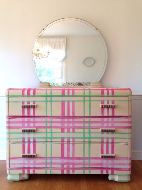 Plaid Painted Furniture, Living Room Goals, Room Goals, Shabby Chic Furniture, Painted Furniture, Shabby Chic, Dresser, Plaid, Mirror