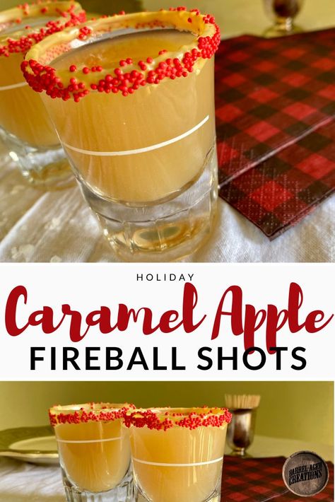 Holiday Inspired Caramel Apple Fireball Shots Recipe  #shots #drinks #holiday #recipe @barrelagedcreations #caramelapple #cinnamon #fireball #whiskey #barrelaged #cinnamonwhiskey #caramel #apple #easy Fireball Shots Recipes, Christmas Shots Recipes, Fireball Recipe, Fireball Drinks Recipes, Caramel Apple Shots, Fireball Shots, Holiday Shots, Fireball Cocktails, Shots Drinks