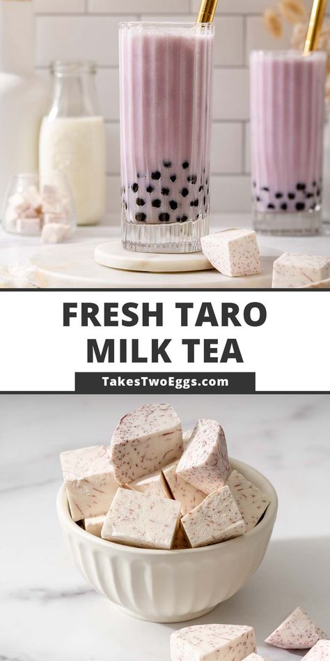 This taro milk tea recipe made with real sweet, and creamy taro root, jasmine green tea, and milk is a delicious and vibrant purple drink that tastes better than your local bubble tea shop! This is such an easy drink to make in the comfort of your home and is incredibly refreshing to drink. Taro Tea Recipe, Green Milk Tea Recipe, Taro Milk Tea Recipe, Taro Tea, Taro Recipes, Milk Tea Recipe, Tea And Milk, Taro Milk Tea, Taro Bubble Tea