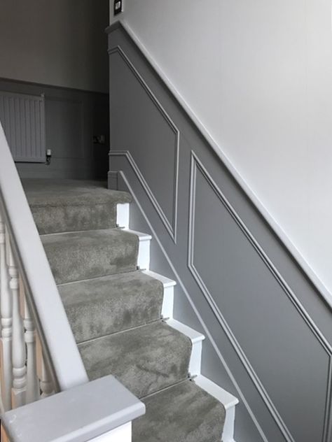 Stair Panels - The Wall Panelling Company Grey Hallway Ideas, Wall Paneling Ideas Living Room, Stair Paneling, Grey Hallway, White Staircase, Wooden Panelling, House Staircase, Hallway Inspiration, Narrow Hallway Decorating