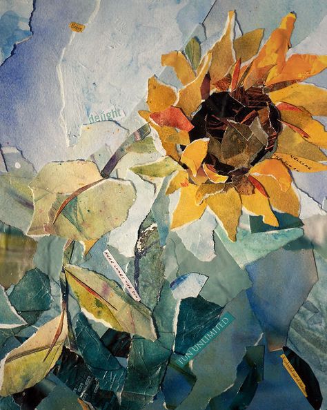 torn paper sunflower collage Paper Mosaic, Collage Art Projects, Flower Collage, Paper Collage Art, Magazine Collage, Colour Ideas, Collage Art Mixed Media, Tableau Art, Sunflower Art