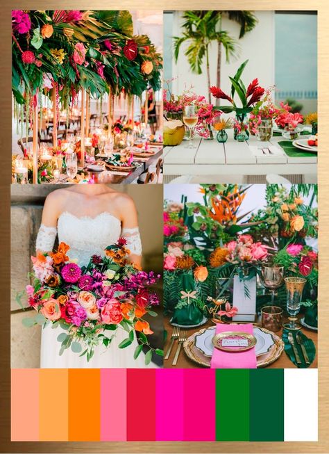 Event Decor Business, Tropical Wedding Color Palette, Summer Wedding Color Palette, Destination Wedding Colors, Wedding Color Palette Summer, Tropical Wedding Theme, Bright Wedding Colors, Tropical Wedding Decor, Boda Ideas