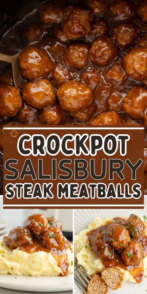 Quick & easy Slow Cooker Salisbury Steak Meatballs are an easy prep slow cooker dinner that starts with frozen meatballs. The best part is the rich brown gravy sauce that creates itself from packets of seasoning mix and beef broth. Serve over mashed potatoes for a delicious dinner idea tonight. Salisbury Steak Crockpot, Salisbury Steak Meatballs, Slow Cooker Salisbury Steak, Easy Crockpot Dinners, Frozen Meatballs, Gravy Sauce, Brown Gravy, Slow Cooker Dinner, Salisbury Steak