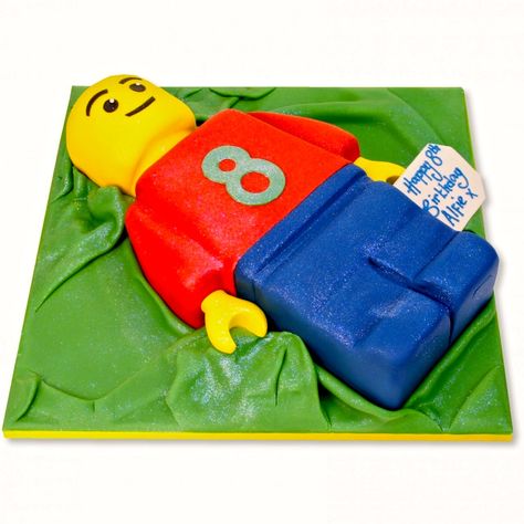 Lego cake for a lego theme birthday party, makes a great birthday cake for boys! It's even bigger than life size! Lego Man Cake, Lego Person, Man Birthday Cake, Cake Challenge, Toddler Birthday Cakes, Man Cake, Lego Cake, Lego Birthday Party, Lego Man