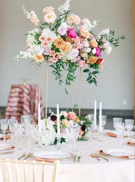 Vibrant Centerpieces Wedding, Tall Colorful Wedding Centerpieces, Wedding Flowers Tall Centerpieces, Tall Pastel Centerpiece, Medium Height Wedding Centerpieces, Tall Wedding Centrepiece, June Wedding Floral Arrangements, Raised Wedding Centerpieces, Tall Wildflower Centerpieces