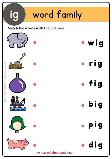 Free Ig Word Family Matching Exercises - Printable and Online Worksheets Pack Ig Family Words, Ag Word Family, Ig Word Family, Word Families Printables, Word Family List, Family Words, Family Worksheets, Phonics Cvc, Cvc Words Worksheets