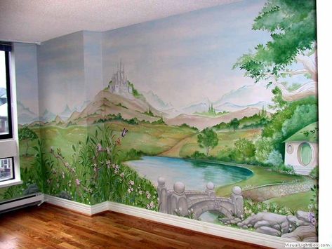 The Shire Mural | A whimsical painting depicting a theme of … | Flickr Tree House Bedroom, Bedroom Art Painting, Seni Mural, Mural Artist, Tree House Kids, Baby Room Themes, Nursery Mural, Tree Mural, Bedroom Murals