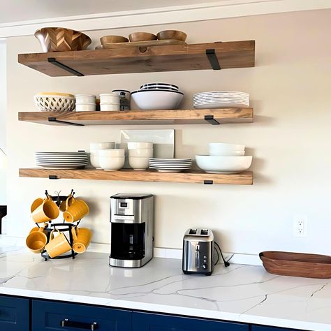 Sold individually, our wooden shelves are the perfect addition to enhance your kitchen with modern farmhouse charm and functional organization! These floating shelves come with 2 industrial brackets and all the necessary hardware for easy installation. Ideal for storing spices, dishes, or decorative items, these shelves will transform your kitchen into a stylish and well-organized space. *Each order contains 1 shelf and 2 J-brackets with installation hardware. For example, if you would like 3 sh Kitchen Wooden Shelves Ideas, Open Shelving In The Kitchen Pantry, Diy Wooden Shelves Kitchen, Wooden Shelving Kitchen, Butlers Pantry With Open Shelving, Kitchen With Top Shelves, Rustic Kitchen Shelving, Floating Shelves Above Stove, Kitchens With Shelves