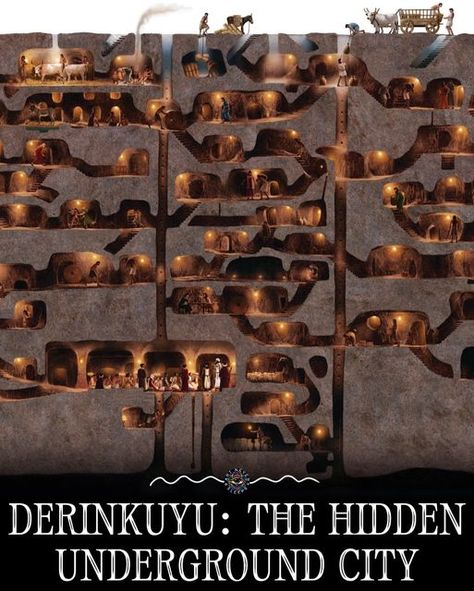 Art Never Sleeps on Instagram: "Discover Derinkuyu: The Hidden Underground City  In 1963, a resident of Nevşehir Province in Turkey knocked down a wall in his home, revealing a hidden room. Leading to the ancient Derinkuyu underground city.   The Derinkuyu underground city was carved from soft volcanic rock by the Phrygians in the 8th–7th centuries BCE. Expanded by later civilizations, it featured ventilation shafts, wells, and passages for air and water supply.   The city was 13 stories deep and large enough to house up to 20,000 people, including their livestock and food supplies. The city was designed to protect inhabitants from invasions, with heavy stone doors to seal off entrances. It was used by early Christians to escape Roman persecution and remained inhabited until the 1920s." Derinkuyu Underground City, Ancient Underground City, Hidden Room, Underground City, Food Supplies, Cyborgs Art, Underground Cities, Hidden Rooms, Volcanic Rock