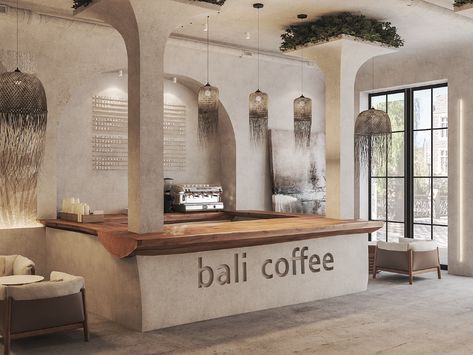 Coffee Shop Lighting Design, Mediterranean Coffee Shop Design, Wellness Coffee Shop, Mediterranean Coffee Shop, Bali Cafe Interior, Creative Cafe Interior Coffee Shop, Creative Coffee Shop Design, Bali Coffee Shop, Bean Aesthetic