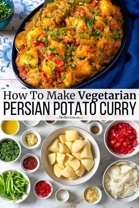 Dopiazeh Aloo is a flavorful Persian potato curry with onion and peppers. This potato curry recipe is an easy vegan and gluten free side. Gluten Free Side, Potato Curry Recipe, The Mediterranean Dish, Persian Cuisine, Potato Curry, Vegan And Gluten Free, Tasty Vegetarian Recipes, Vegetarian Dinners, Minced Meat