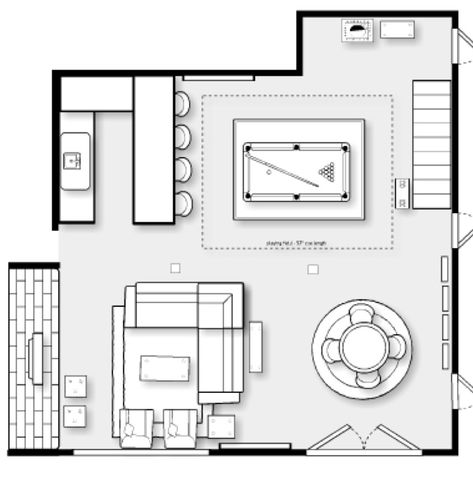 Game Room Living Room Combo, Sectional Game Room Layout, Upstairs Game Room Ideas Layout, Family Game Room Basement, Basement Multipurpose Room Layout, Family Game Room Design Modern, Game Room Layout Floor Plans, Game Room Layout Ideas, Entertainment Room Floor Plan