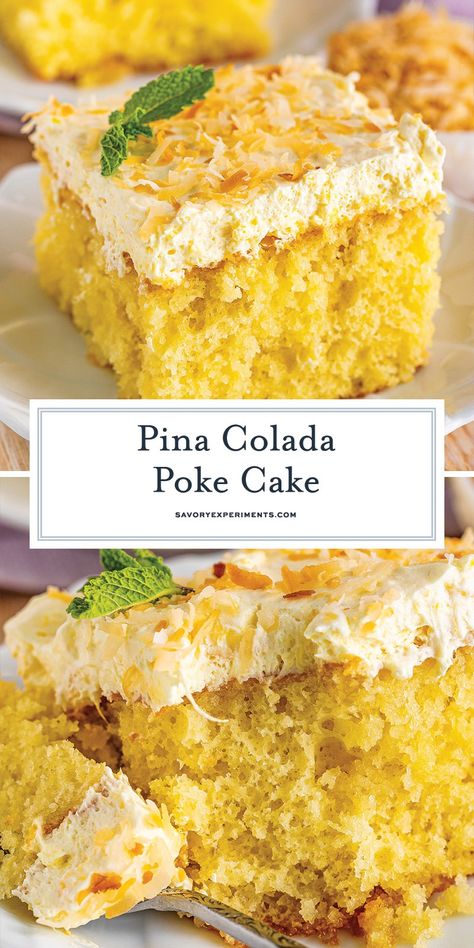 With a pineapple coconut filling, a fluffy whipped topping and a moist crumb, this Pina Colada Poke Cake will whisk you to the tropics! Pina Colada Poke Cake, Coconut Poke Cake, Pina Colada Cake, Fabulous Desserts, Coconut Filling, Healthy Snack Bars, Apple Coffee Cakes, Pineapple Desserts, Coconut Pudding