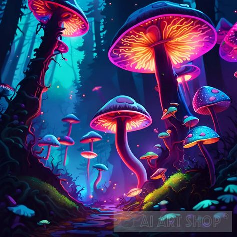 mushrooms neon forest bright  – AI Art Shop® Neon Mushroom Aesthetic, Trippy Neon Art, Neon Mushroom Art, Magical Mushroom Forest, Neon Forest, Neon Mushroom Painting, Neon Digital Art, Magical Mushroom, Neon Mushroom