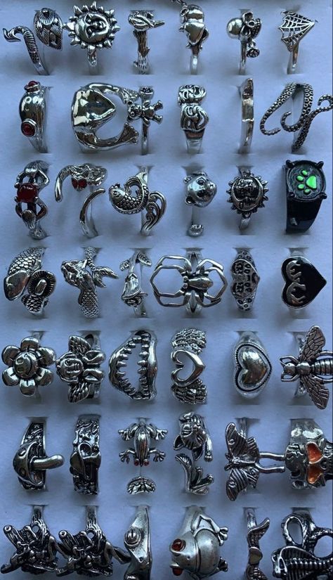 The Craft Jewelry, Cool Jewlrey, Grunge Jewellery Aesthetic, Vintage Gothic Jewelry, Alternative Jewelry Grunge, Grunge Christmas List, Grunge Jewelry Rings, Whimsigoth Rings, Cool Jewellery