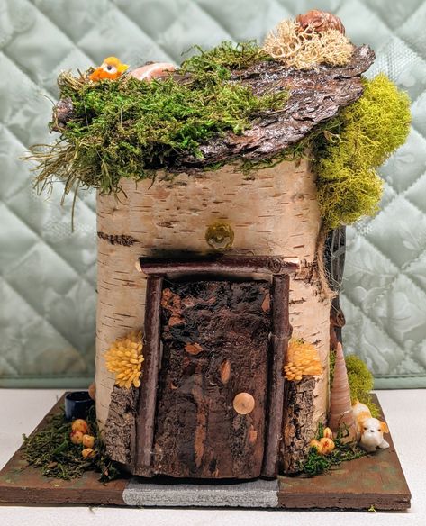 Fairy door, fairy window, water feature, puppy, tree with a nest and bird Fairy Log House, Fairy House Template, Birch Log Decor Diy Projects, Log Fairy House, Diy Fairy House, Faerie House, Log Decor, Fairy Garden Doors, Primative Decor