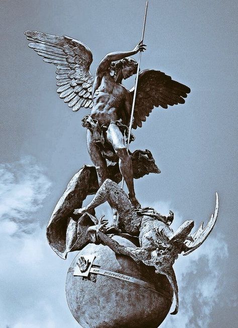 Saint Michael the Archangel. Giuseppe Lomuscio. Italian 1955 - bronze St Michael Tattoo, Fallen Angel Art, Saint Michael The Archangel, Celestial Map, Michael The Archangel, Chest Tattoo Men, Greek Tattoos, San Michele, Saint Michael