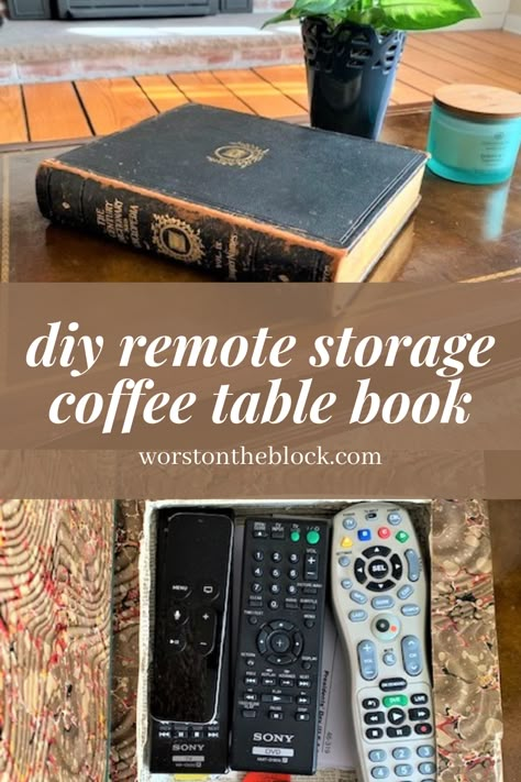 Coffee Table For Apartment, Diy Remote Control Holder Living Rooms, Book Hiding Place Diy, How To Hide Remote Controls, Coffee Table Remote Control Storage, Organize Recycling Storage Solutions, Coffee Table Shelf Decor, Diy Book Table, Creative Shelf Ideas