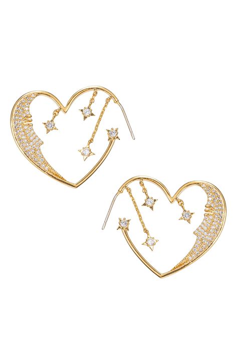 Add a playful element to your outfit with these heart-shaped hoop earrings detailed with a crystal-embellished moon and stars. 2.5" length Post back Goldtone plate/glass crystals Imporrted Smiling Moon, Diamond Star Earrings, Gold Heart Earrings, Star Shower, Gold Heart Earring, Heart Pendants, Heart Hoop Earrings, Diamond Star, Moon Star