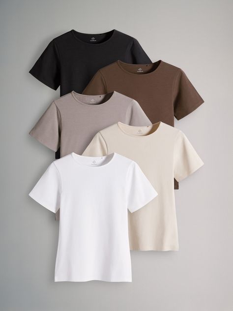 Buy The Set Black/Brown/Neutral/Nude/White 5 Pack Crew Neck T-Shirts from the Next UK online shop