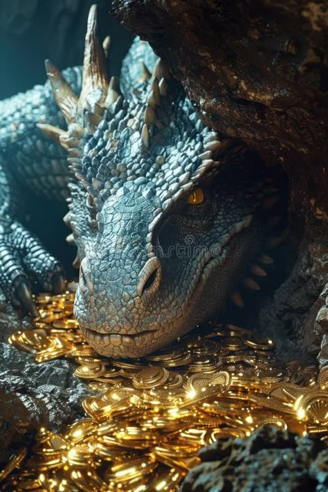 Ancient dragon hoarding gold, dim cave, closeup, treasure gleam, highdefinition render , hyper realistic stock images Dragon Hoarding, Cave Dragon, Dragon Treasure, Treasure Hoard, Dragon Lair, Dragon Hoard, Dragon Soul, Dragon Cave, Realistic Dragon