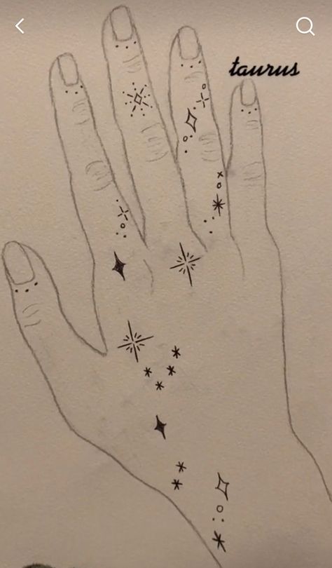 Hand Tattoos Zodiac Sign, Taurus Constellation Tattoo Hand, Zodiac Sign Constellation Tattoo, Taurus Tattoo Star Constellation, Space Finger Tattoo, Sparkles Hand Tattoo, Scattered Stars Tattoo, Hand Constellation Tattoo, Zodiac Hand Tattoos