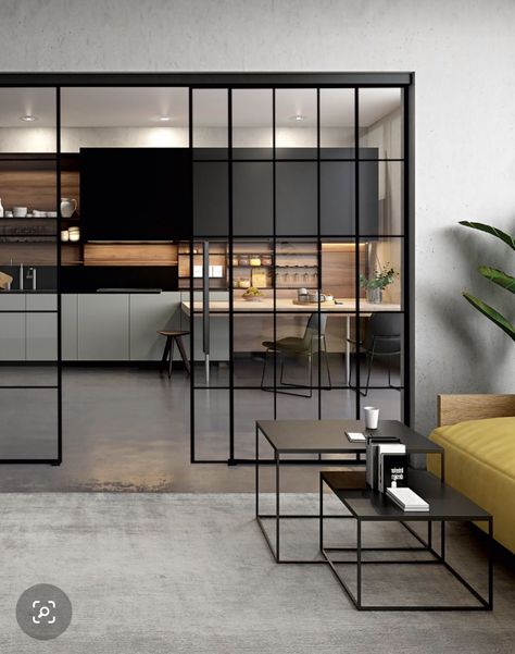 Kitchen With Glass Partition, Partition Door, Rooftop Design, Deco Studio, Modern Office Design, Modern House Facades, Smart Home Design, Studio Kitchen, Glass Partition