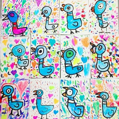 In the Art Room: Kindergarten Mo Willems Pigeons! | Cassie Stephens | Bloglovin’ Dont Let The Pigeon Drive The Bus Art, Mo Willems Pigeon, Mo Williams, Grade 1 Art, Room Kindergarten, Kindergarten Art Lessons, First Grade Art, Cassie Stephens, Kindergarten Projects