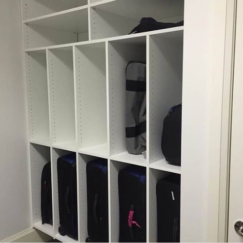 Luggage Storage Ideas Closet, Luggage Storage Ideas, Linen Closet Design, Suitcase Shelves, Home Office Closet, Bathroom Mirror With Shelf, Attic Closet, Suitcase Storage, Storage Room Organization