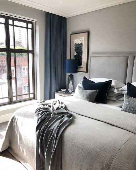 a dove grey bedroom with bold blue touches shows off luxury and beauty Dove Grey Bedroom, Sophie Paterson Interiors, Sophie Paterson, Bedroom Contemporary, Masculine Bedroom, Interior Design London, Sanctuary Bedroom, Grey Bedroom, Gray Bedroom