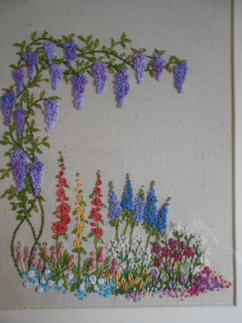 Embroidery Garden Designs, Flower Garden Embroidery, Flower Garden Embroidery Designs, Secret Garden Embroidery, Embroidered Trees, Cottage Garden Embroidery, Freestyle Embroidery, French Knot Embroidery, Embroidery Stitches Beginner