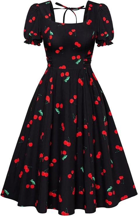 Belle Poque Womens Cute Homecoming Dresses Vintage Retro Knee Length Tea Party Dresses with Pockets Black Cherry M at Amazon Women’s Clothing store Retro Theme Dress, Square Neck Puff Sleeve Dress, Cute Homecoming Dresses, Tea Party Dress, Cherry Dress, Theme Dress, Quick Outfits, Puff Sleeve Dress, Prom Outfits