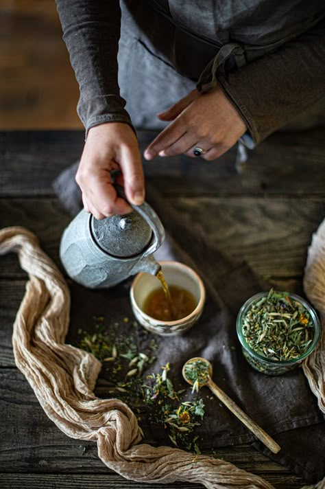 Herbal tea. Cottagecore Tea Aesthetic, Tea Brewing Aesthetic, Tea Photography Aesthetic, Apothecary Photoshoot, Making Tea Aesthetic, Tea Leaves Aesthetic, Herbal Tea Aesthetic, Herbs Aesthetic, Tea Medicine