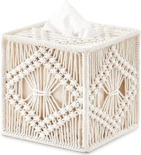 Mkono Tissue Box Cover Macrame Square Open-Bottom Tissue Box Holder Boho Decor Tissue Organizer Bohemian Handmade Woven Tissue Cube Box for Bathroom Bedroom Dresser Living Room Office Macrame Square, Boho Chique, Toilet Paper Storage, Beach Room, Tissue Box Holder, Bohemian Handmade, Bedroom Dresser, Bathroom Storage Organization, Accessories Holder