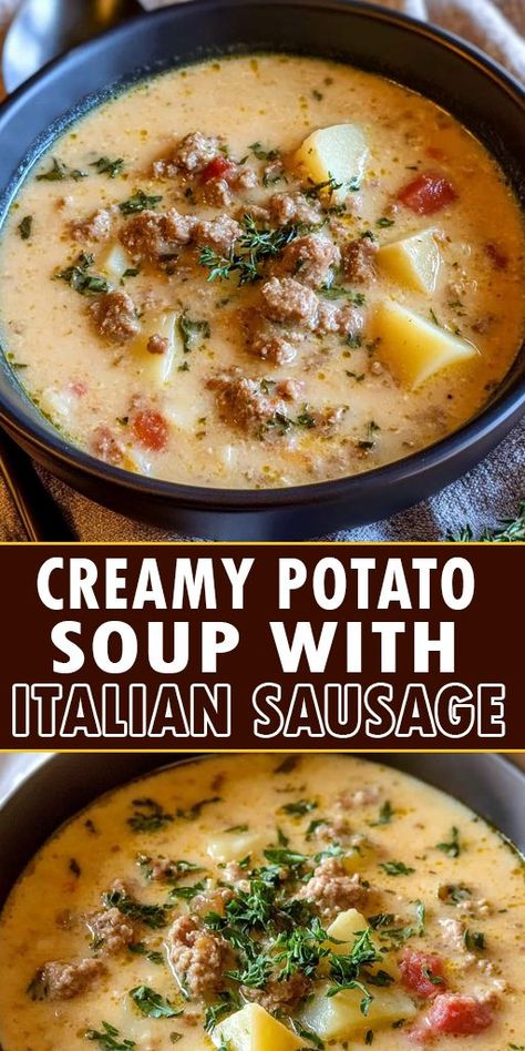 🥔🍲 Creamy Potato Soup with Italian Sausage Recipe – the ultimate comfort food for cozy nights! This rich, creamy soup is packed with hearty potatoes, flavorful Italian sausage, and a blend of herbs that make every spoonful irresistible. 👉 Pin now and make this delicious Creamy Potato Soup your next family favorite! Don’t forget to follow for more cozy recipes like this. #ComfortFood #PotatoSoup #ItalianSausage #EasyRecipes #FallRecipes Creamy Parmesan Italian Sausage Soup, Italian Sausage And Potato Soup, Sausage And Potato Soup, Soup With Italian Sausage, German Potato Soup, Italian Sausage Recipe, Italian Sausage Soup, Italian Sausage Recipes, Creamy Potato Soup