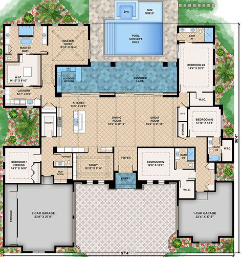 5-bedroom Florida house plan with symmetry and beautiful exterior. . #Master_Suite_Bedroom_Plans #Florida_Home_Floor_Plans #Living_Room_With_Patio_Doors #5_Bedroom_House_Floor_Plan Arizona Homes Floor Plans, Courtyard Pool House Plans, U Shaped House Plans With Pool, Indoor Pool House Plans, U Shaped House Plans With Pool In Middle, House Plans With Courtyard In The Middle, House Plans With Pool, Spanish Style Home Plans, Tropical House Plans