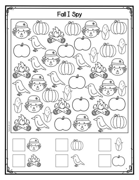 Fall Kindergarten Printables, Kindergarten Fall Worksheets Free Printables, Puzzle Worksheet For Kindergarten, Preschool I Spy Printables, Fall Pre K Worksheets, I Spy Fall Printable, Hot And Cold Worksheet Preschool, Preschool Fall Worksheets Free, Fall Toddler Worksheets