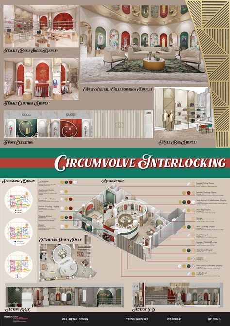 Retail Store Design - Gucci Retail Store on Behance Retail Moodboard Store Design, Presentation Boards, Store Layout Ideas Retail, Retail Store Design Layout, Design Presentation Boards, Retail Store Layout, Interior Design Presentation Boards, Luxury Retail Store, Store Plan