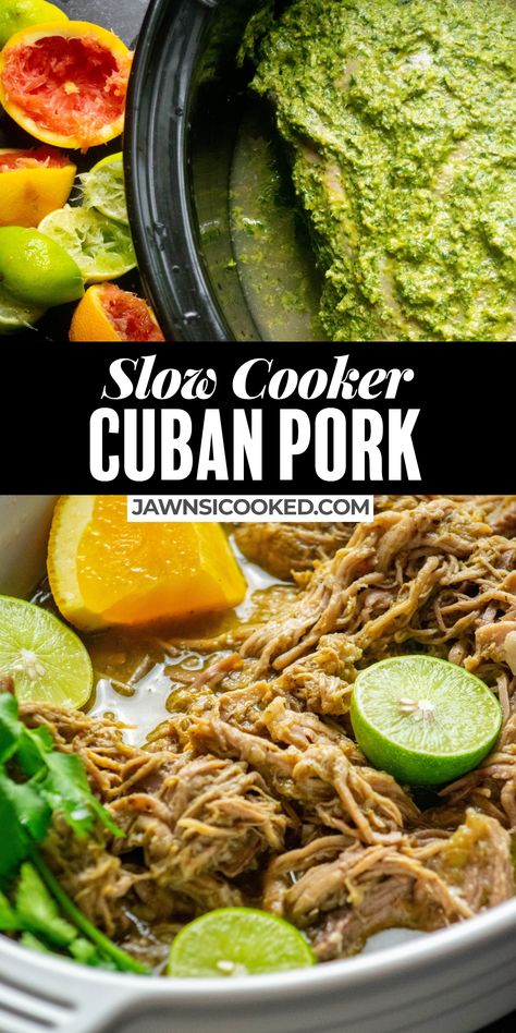 This simple Slow Cooker Cuban Pork comes together easily with a quick blended wet rub and your trusty Crockpot! Make it with pork shoulder or butt, or use a loin for a leaner alternative! Crockpot Pork Shoulder, Slow Cooker Pork Shoulder, Slow Cooker Cuban Pork, Slow Cooker Pork Loin, Cuban Pork, Slow Cooker Recipes Pork, Jerk Pork, Slow Cooked Pork, Slow Cooker Beef Stew