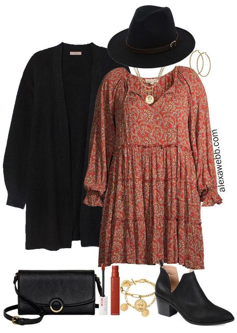 Plus Size on a Budget - Boho Dress with Ankle Booties, a Cardigan, a Hat, and a Crossbody Bag - Alexa Webb #plussize #alexawebb Plus Size On A Budget, Plus-koon Muoti, Boho Dress Outfit, Alexa Webb, Boho Plus Size, Teddy Bear Coat, Plus Size Fall Outfit, Plus Size Fall Fashion, Bear Coat