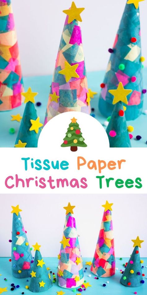 Tissue Paper Christmas Trees, Paper Christmas Trees, Trees Diy, Paper Trees, Preschool Christmas Crafts, Christmas Arts And Crafts, Bumbo, Trees Christmas, Paper Christmas Tree