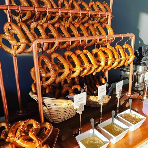 Pretzel Display Wedding, Soft Pretzel Display, Hot Pretzel Bar, Pretzel Stand At Wedding, Pretzel Display Ideas, Pretzel Wall Wedding, Wedding Pretzel Bar, Pretzel Bar Wedding, Pretzel Bar Ideas